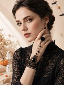Women's Bracelet Ring Integrated Chain, Black Lace Vintage Gothic Style, Spider Web Rose Oval Cut Decor, Adjustable Extension Chain, Halloween Party Gift Jewelry - Black - View 6