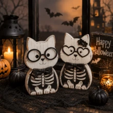1/2pcs Vintage Distressed Wooden Cat Skeleton Decor, Farmhouse Style Halloween Tabletop Ornament, Suitable For Tiered Trays, Fireplace Mantels And Indoor Party Scenes - Multicolor - View 11