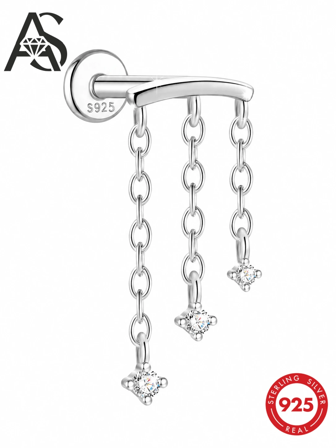 AnlaScheer 1pc S925 Sterling Silver Classic Tassel Mixed Color Diamond Inlaid Spiral Piercing Stud Earrings, Women's Daily Wear Party Gift Jewelry - Silver - View 1