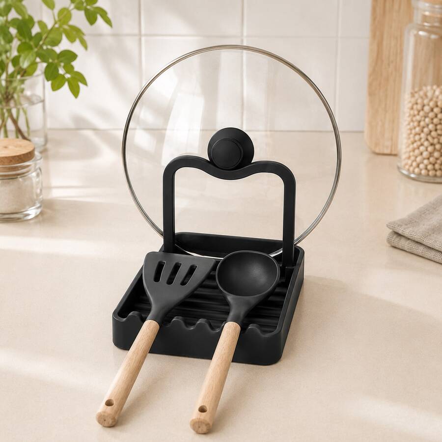 1pc Multifunctional PP Pot Lid Holder & Utensil Tray, Kitchen Countertop Spoon/Spatula/Ladle Storage Tray - Multicolor - View 1