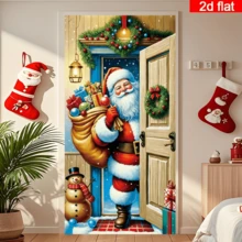 2D Flat Christmas Santa Claus Gift-Giving Door Curtain, Cartoon Style Santa Carrying Gift Bag Design, Paired With Snowman, Christmas Wreath And Lantern, Warm Tone, Durable Polyester, No Power Required, Suitable For Christmas Theme Decoration, Can Be Used For Indoor And Outdoor Wall, Door And Window Decoration, Holiday Atmosphere Decoration, Home, Mall, Studio, Outdoor Scene Universal, Polyester Material, No Power Required - A - View 6