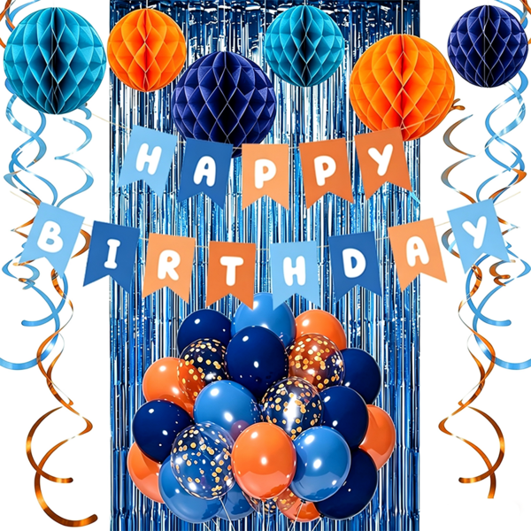 Blue Orange Birthday Decorations, Happy Birthday Banner, Balloons, Aluminum Foil Confetti Balloons, Honeycomb Balls, Hanging Swirls, Fringe Curtain, Birthday Party Supplies For Boys Girls, Kids, Men Women, Graduation, Anniversary, Themed Party