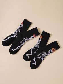 2 Pairs Halloween Skeleton Print Mid-Calf Socks, Bowknot Pumpkin Skeleton Personalized Women's Socks, Gothic Style Holiday Party Socks - Black - View 3