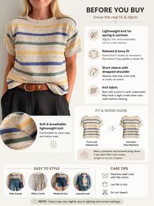 Plus Size Women's Striped Colorblock Knit Short Sleeve Top, Suitable For Spring/Summer Outfits, Daily Casual Outings And Commuting, Smart Casual - Apricot - View 4
