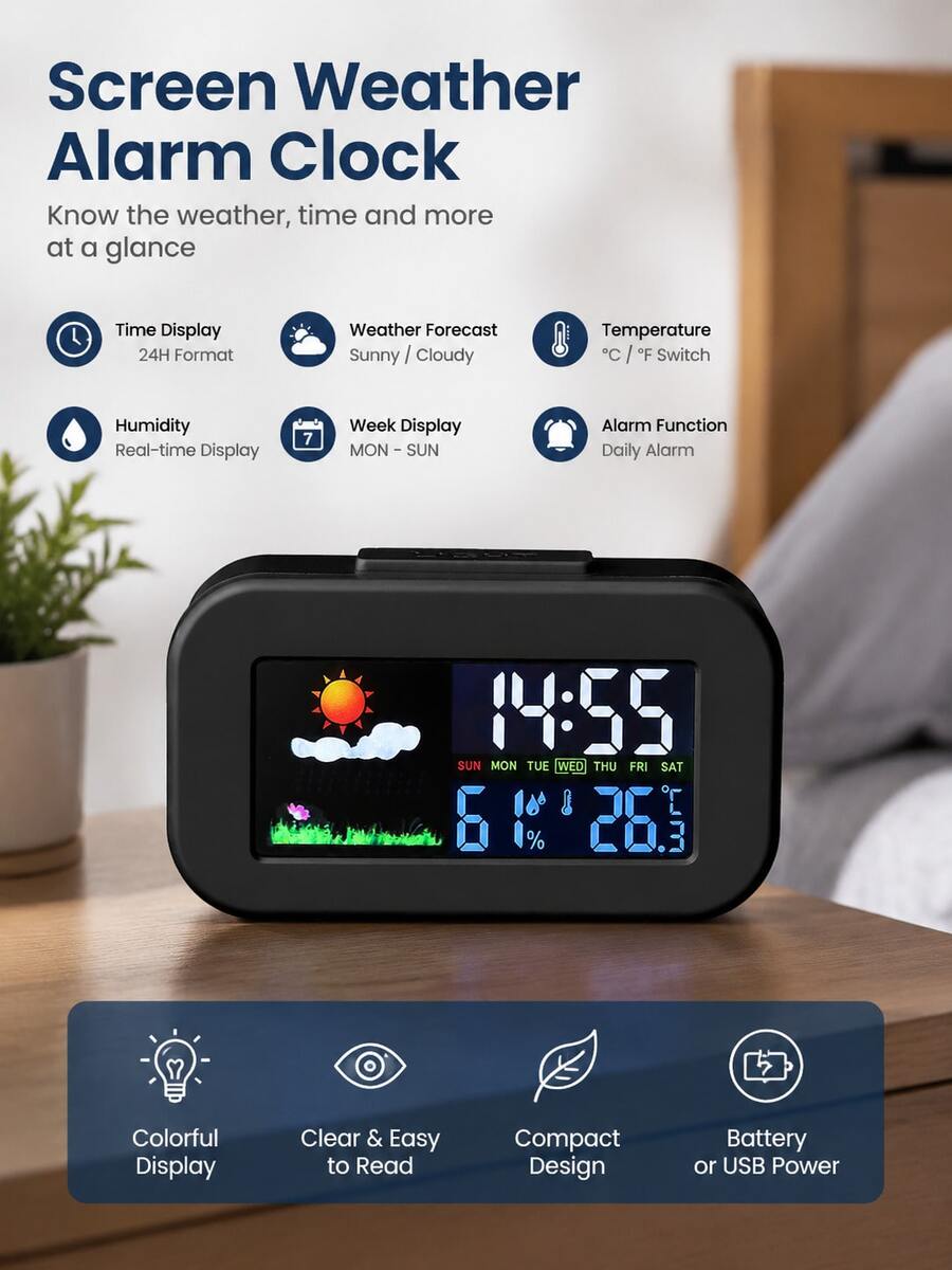 Screen Weather Alarm Clock | Real-Time Temperature And Humidity Monitoring With Weather Icons | Large Digital Display And Snooze Function | Suitable For Bedside Table, Desktop, Dormitory Electronic Alarm Clock Battery Powered (Battery Not Included)