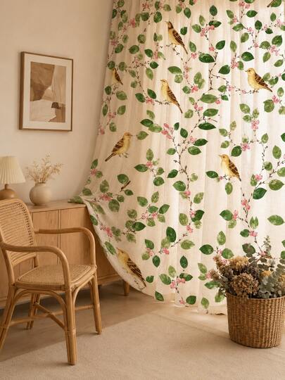 NOSBEI 2PCS Grommet Top & 3PCS Rod Pocket Faux Linen Golden Sparrow Green Foliage Pink Bud Curtain Bundle, Light Filtering Semi Sheer Window Treatments For Bedroom Kitchen Country Cottage Home Decor