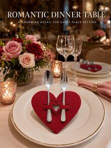 6pcs Valentines Day Heart Cutlery Holder Red Flatware Pocket Romantic Table Setting Organizer For Dinner Dates Weddings Parties Cutlery Not Included - Red Heart-shaped Knife and Fork Set - View 3
