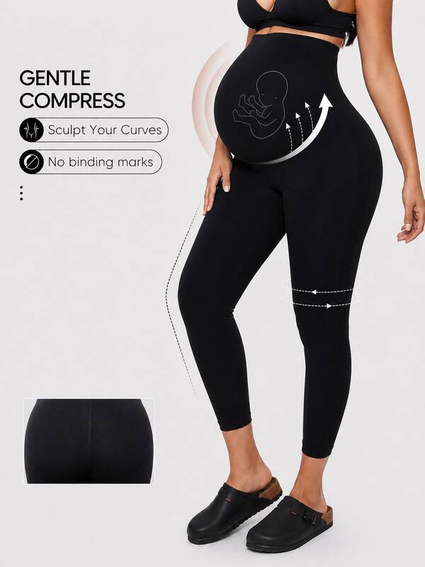 Women's Seamless Abdominal Support Maternity Leggings, High Waist Full Length Tight Pants With Expandable Belly Panel