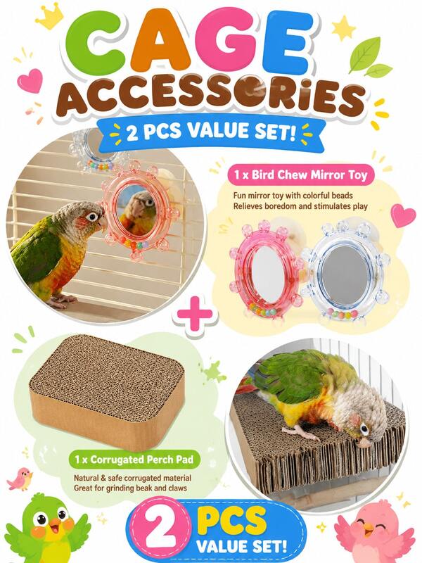 Set Aksesori Sangkar Burung 2 Buah, Mainan Cermin Kunyah Burung Warna-warni & Bantalan Bertengger Bergelombang, Dekorasi Sangkar Gantung Interaktif, Mainan Burung Peliharaan dari Bahan Alami, Aksesori Perawatan Cakar dan Pengasah Paruh, Perlengkapan Sangkar Burung yang Menyenangkan dan Lucu