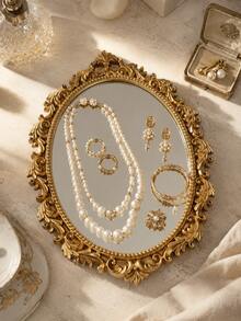 Vintage Gold Oval Mirror Jewelry Tray, Baroque Carved Vanity Storage Box, Suitable For Rings, Earrings, Necklaces And Bracelets - Premium Mirror Storage - View 1