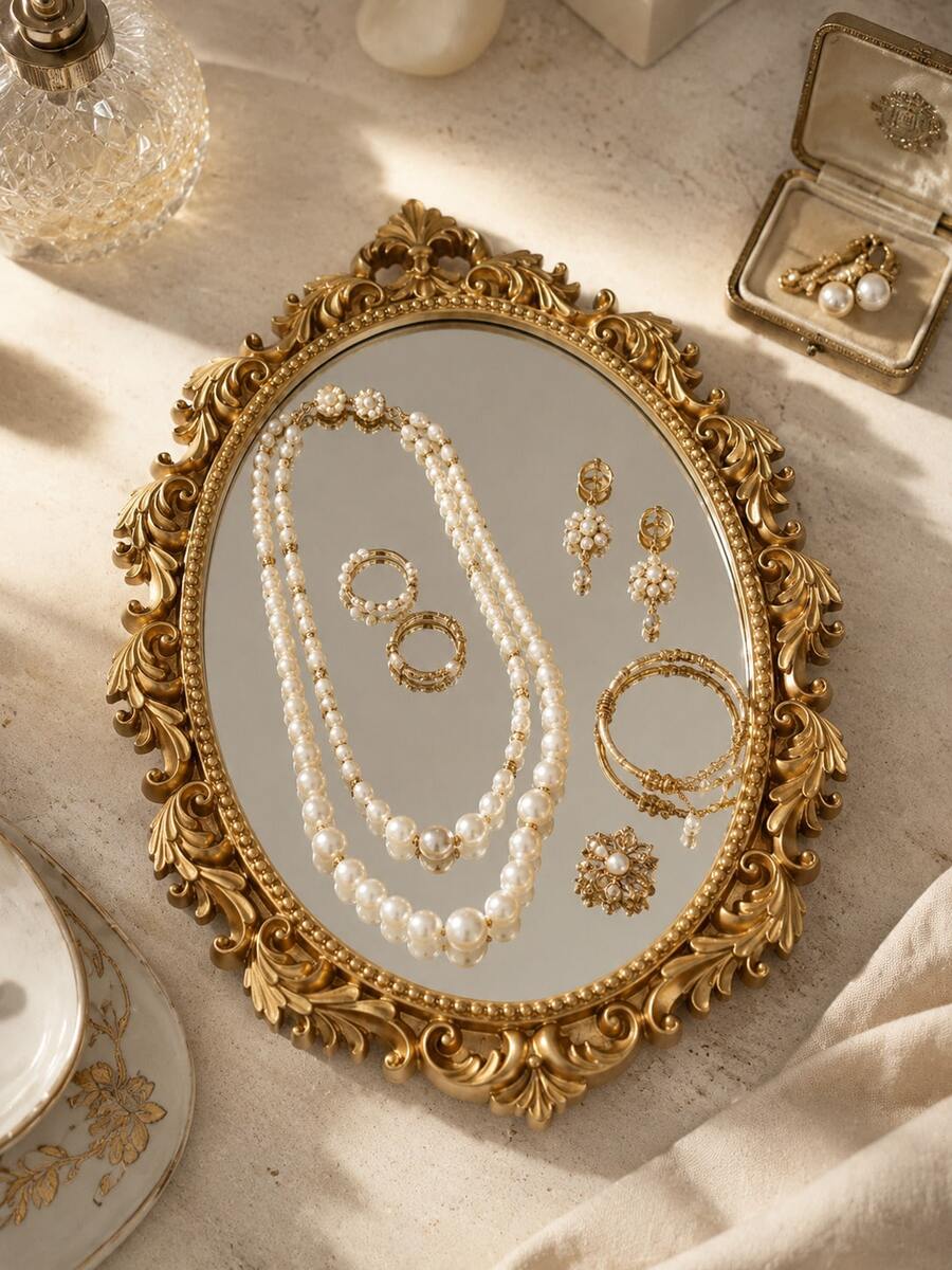 Vintage Gold Oval Mirror Jewelry Tray, Baroque Carved Vanity Storage Box, Suitable For Rings, Earrings, Necklaces And Bracelets - Premium Mirror Storage - View 1