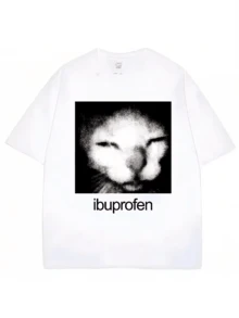 Cool Summer Retro Funny Ibrofene Cat Pattern Humorous Fashion Cotton Casual T-Shirt, Top, Unisex. - 白色 - 查看 1