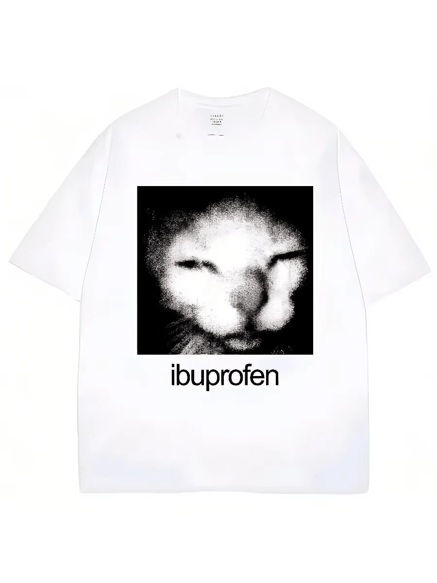 Cool Summer Retro Funny Ibrofene Cat Pattern Humorous Fashion Cotton Casual T-Shirt, Top, Unisex. - 白色 - 查看 1