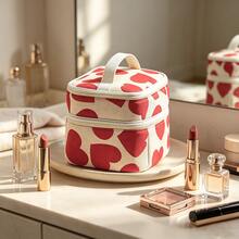 Corduroy Large Heart Double Layer Square Cosmetic Bag Women's Handbag Portable Makeup Organizer Bag Double Layer Storage - Red - View 2