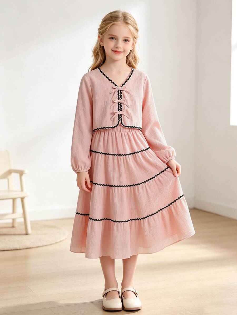Left Mama Girls Elegant Minimalist Bow Decor Long Sleeve Top And Skirt Set, Spring/Autumn - Pink - View 1