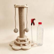 Cat Scratching Post, Indoor Cat Interactive Furniture Toy, 4-In-1 Wooden Cat Scratching Toy,  High Scratching Post With 2 Horizontal Cat Ball Tracks, Kitten Activity Center For Indoor Kittens And Adult Cats - 木質色 - 查看 4