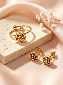 1 Set Minimalist Fashion Elegant Style Camellia Element Series Stainless Steel Women's Jewelry Set Suitable For Women's Daily Wear/Party/Evening/Commute/Holiday Gift - Yellow Gold - View 7