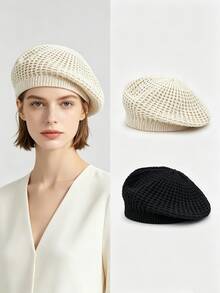 1 buah Topi Baret Rajut Tebal Gaya Vintage untuk Mahasiswa, Topi Hangat Berwarna Hitam Polos dengan Karet Elastis Lembut, Cocok untuk Remaja Putri di Kampus, Kencan, dan Jalan-jalan - Gaya 1 - View 1