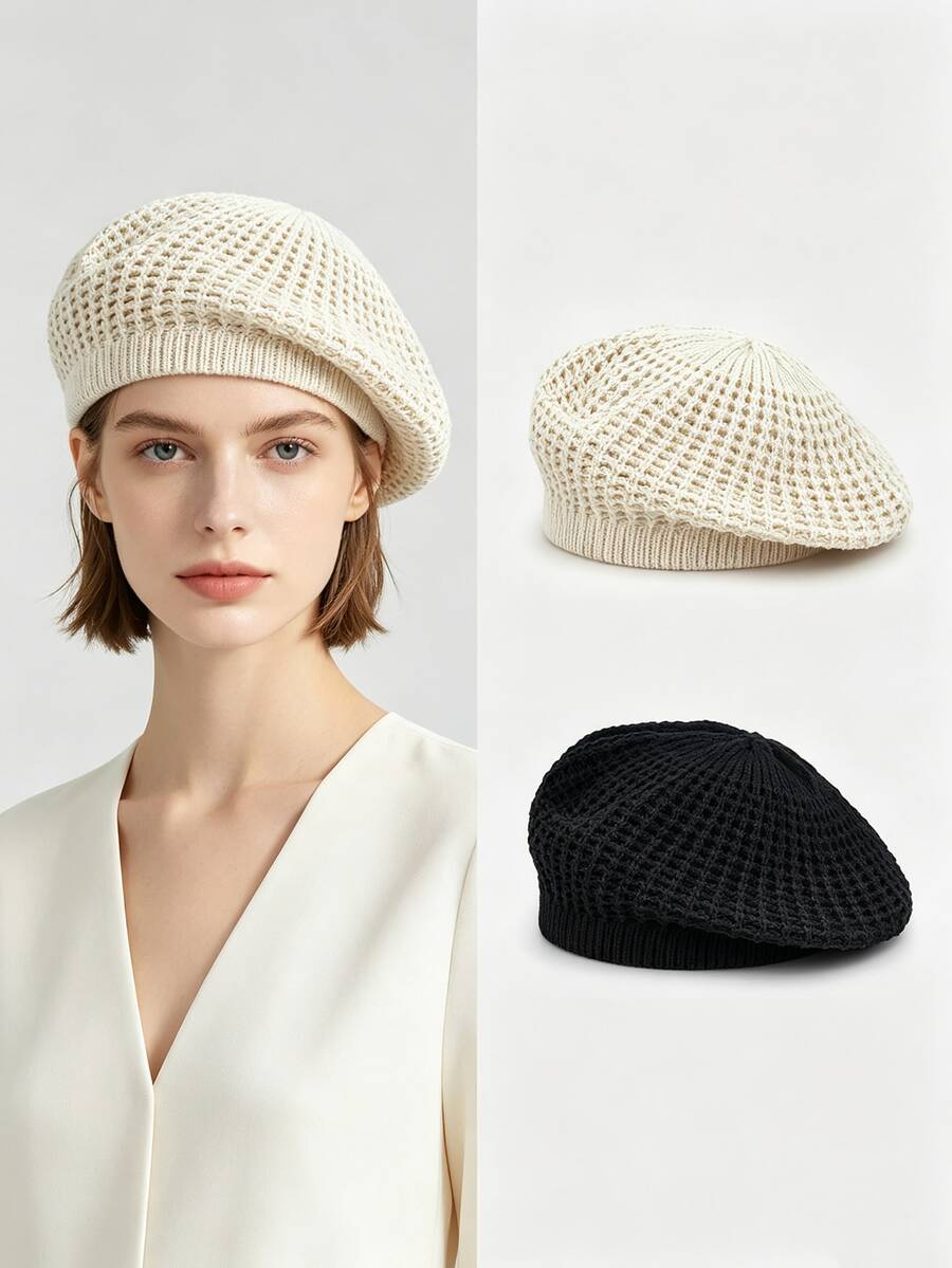 1 buah Topi Baret Rajut Tebal Gaya Vintage untuk Mahasiswa, Topi Hangat Berwarna Hitam Polos dengan Karet Elastis Lembut, Cocok untuk Remaja Putri di Kampus, Kencan, dan Jalan-jalan - Gaya 1 - View 1
