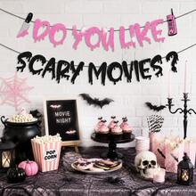 Halloween Horror Movie Banner "Do You Like Horror Movies", Thriller Scream Theme Party Bunting, Halloween Night Birthday Party Hanging Decor, Haunted House Wall & Door Decor, Spooky Party Decoration - BOO Banner - View 1