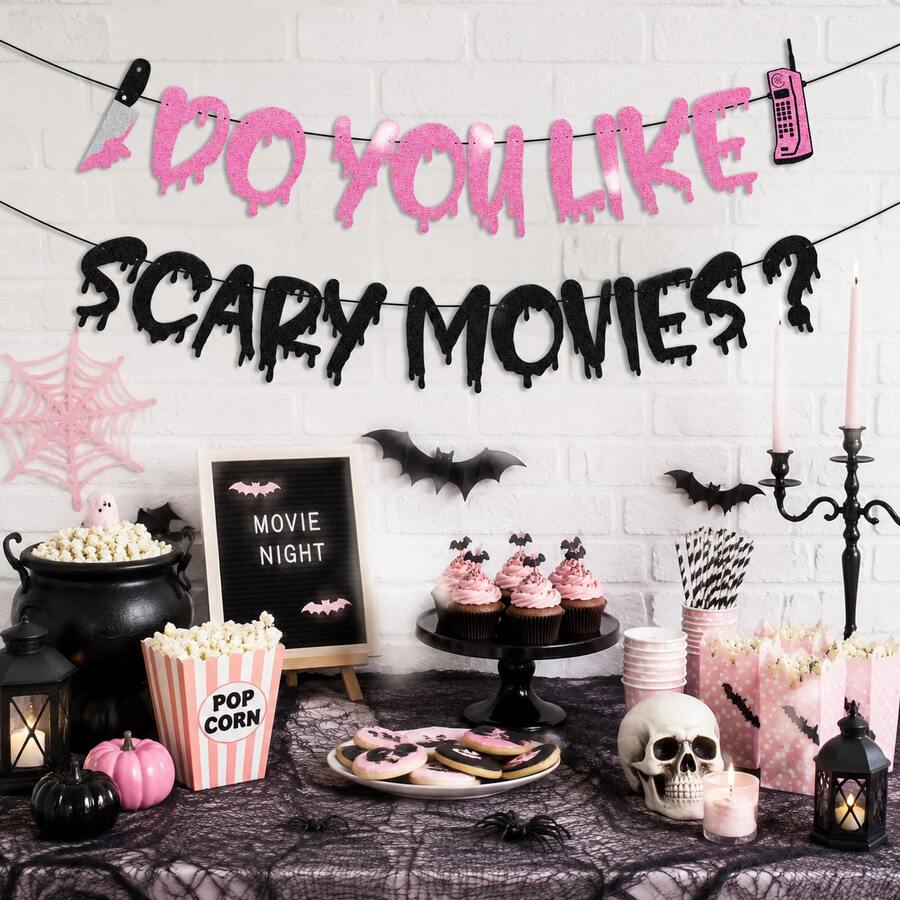 Halloween Horror Movie Banner "Do You Like Horror Movies", Thriller Scream Theme Party Bunting, Halloween Night Birthday Party Hanging Decor, Haunted House Wall & Door Decor, Spooky Party Decoration - BOO Banner - View 1