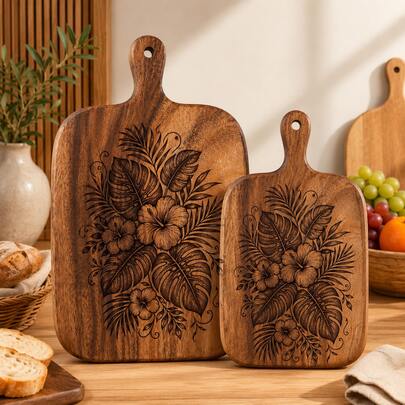 2PCS/1PC Walnut Wood Carved Cutting Board, Artistic Carved Steak Board, Tabletop Decor Cutting Board, Fashion Long Handle, Solid Wood, Used For Cutting Meat, Cheese, Bread, Vegetables And Fruits - Charcuterie Board Cheese Serving Board, Perfect For Food Slicing And Display, Portable Cutting Board For Camping, Modern Home Country Kitchen Essential. Mother's Day Gift, Wedding Season Kitchen Supplies