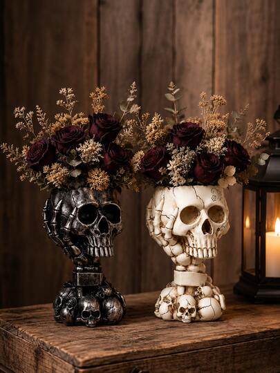 Gothic Skull Vase, Halloween Black Rose Floral Vase, Dark Academia Home Decor, Unique Skull Dried Flower Vase, Eerie Desktop Ornament, Living Room Bedroom Bookshelf Office Vintage Decoration, Party Decor Gift Creative
