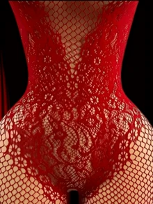 Women's Sexy One-Piece Camisole | Open Back Crotchless Design | High Elastic Nylon And Spandex Blend | Black Mesh Pattern | Hollow Out Details | Stretchy And Opaque | Hand Washable | Adult Lingerie, Suitable For Rave Parties - Red - View 4
