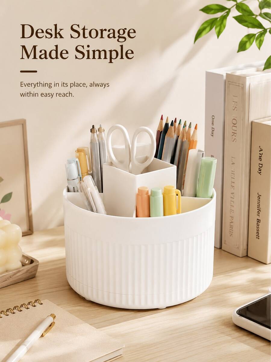 Organizer Meja Putar 360° dengan 5 Kompartemen Tempat Pena, Penyimpanan Alat Tulis Portabel untuk Pena, Pensil, Penggaris, Rak Penyimpanan Meja Putar Minimalis, Cocok untuk Kantor dan Kamar Tidur, Penyimpanan Alat Tulis Hemat Ruang