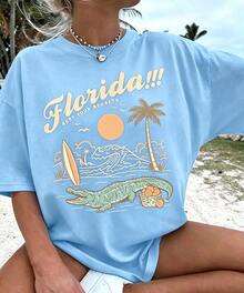 Florida Palm Tree Pattern T-Shirt -Women's Casual Vacation Short Sleeve T-Shirt, Round Neck Short Sleeve Top,Summer Outfits For Women - Summer Tops - 淺藍色 - 查看 1