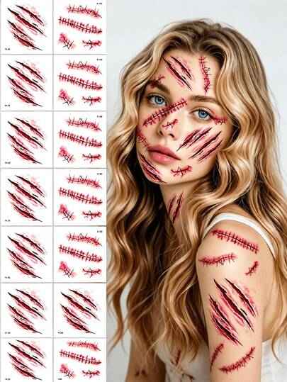 Pegatinas temporales 3D realistas para cara y Body, patrón de herida falsa sangrienta simulada, para adultos, adecuadas para fiesta de Halloween, cosplay de zombi, maquillaje de efectos especiales de heridas