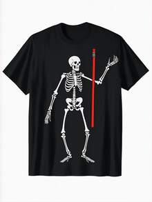Men's Black T - Shirt Skeleton & Red Saber Graphic Print Casual Tee For Halloween Daily & Party Wear - Black - View 1