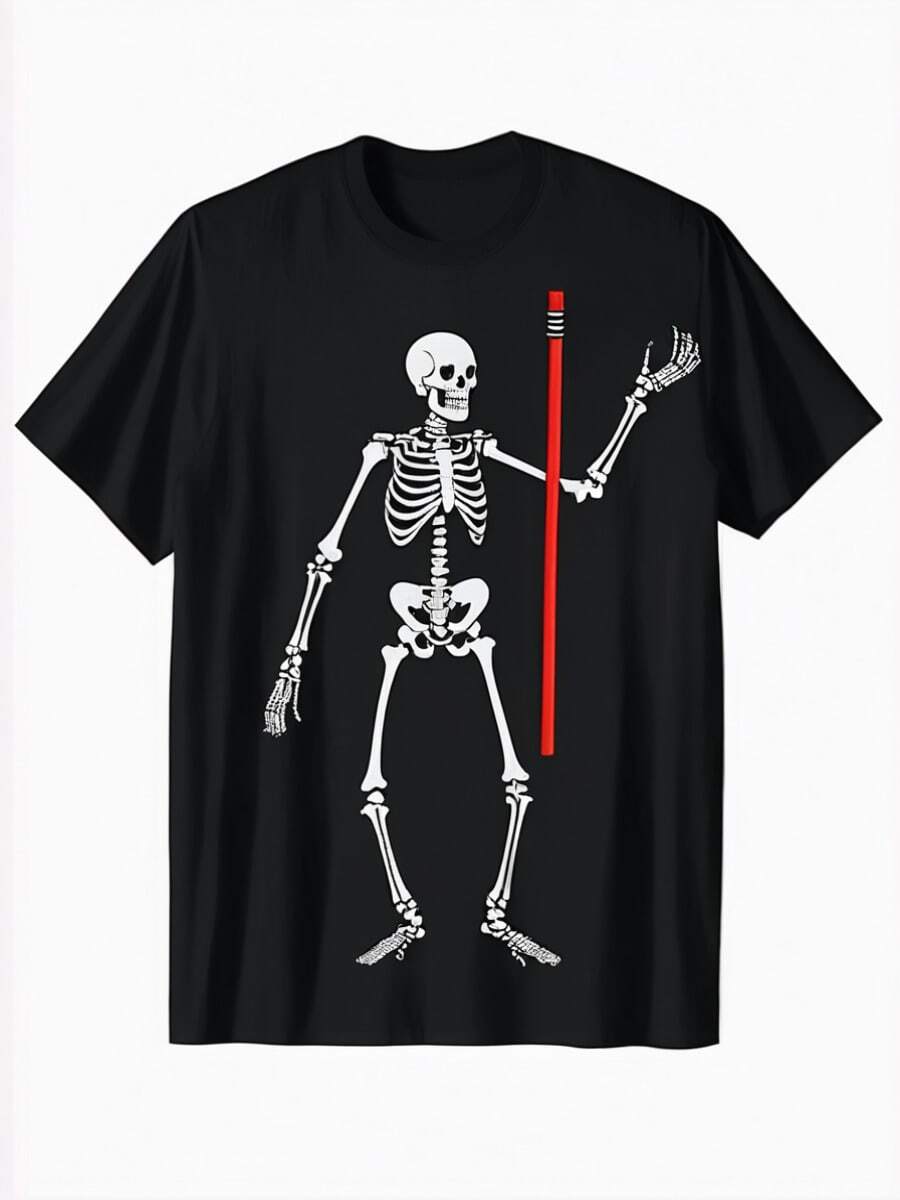 Men's Black T - Shirt Skeleton & Red Saber Graphic Print Casual Tee For Halloween Daily & Party Wear - Black - View 1