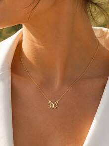 1pc Minimalist Luxury Stainless Steel Gold Hollow Butterfly Pendant Thin Chain Necklace, Suitable For Women Daily Wear, Party, Wedding And Festival Gift, Women's Gold Jewelry Accessory - Butterfly - View 4