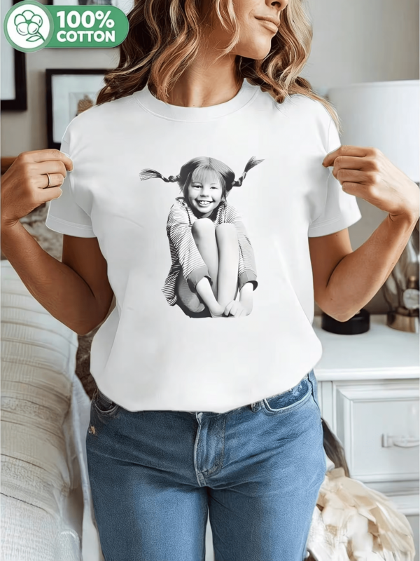 Damen 100% Baumwolle Rundhals T-Shirt mit Pippi Langstrumpf Vintage Foto, klassischer Charakter Muster, weiche reine Baumwolle, nostalgisches lässiges Outfit T-Shirts