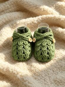 1 Pair Crochet Infant Boots, Knitted Infant Shoes With Button Tie, Newborn Gift - Army Green - View 2