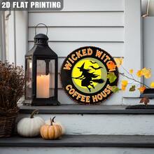 Plano 2D, Plano 2D, Placa Redonda de Madeira Vintage de Café de Bruxa Malvada, Decoração de Bruxaria de Halloween, Arte de Parede Estilo: Casa, Cozinha, Presente de Halloween, Entrada, Decoração de Quarto - Multicolorido - Visão 2