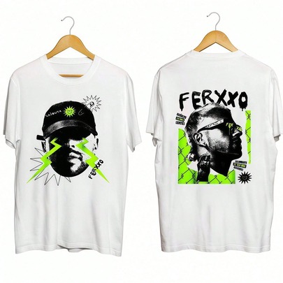 Vit dubbelsidig FERXXO tröja, Feid porträtt med neon gröna blixtar sol graffiti FERXXO fram, artistprofil grön nätbakgrund FERXXO bak, reggaeton fan