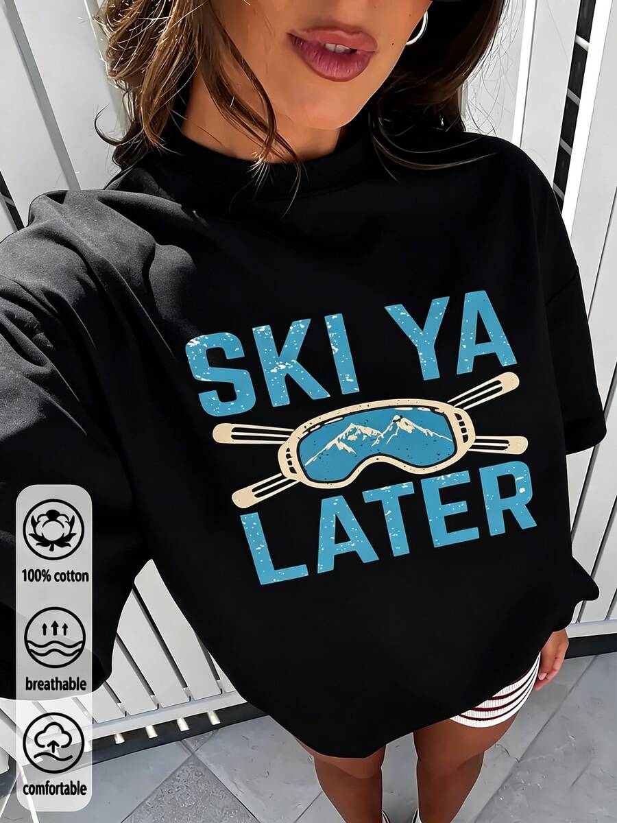 "APRES SKI CLUB" Trip Hoodie Muster Damen lockeres Rundhals T-Shirt, Sommerurlaub Reise Strand