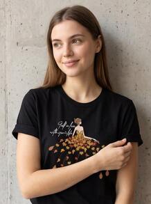 Women Fall Leaves Graphic Tee, Casual Autumn Season Daily Top, Fast Local Delivery - 黑色 - 查看 2