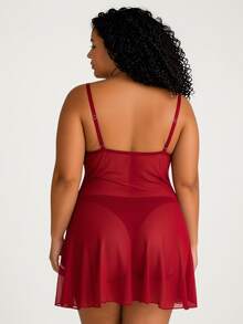 Camisola Plus Size Sexy Rendada em Tule Transparente Sem Bojo Com Alças Reguláveis Lingerie Luxo - Vermelho - Visão 2