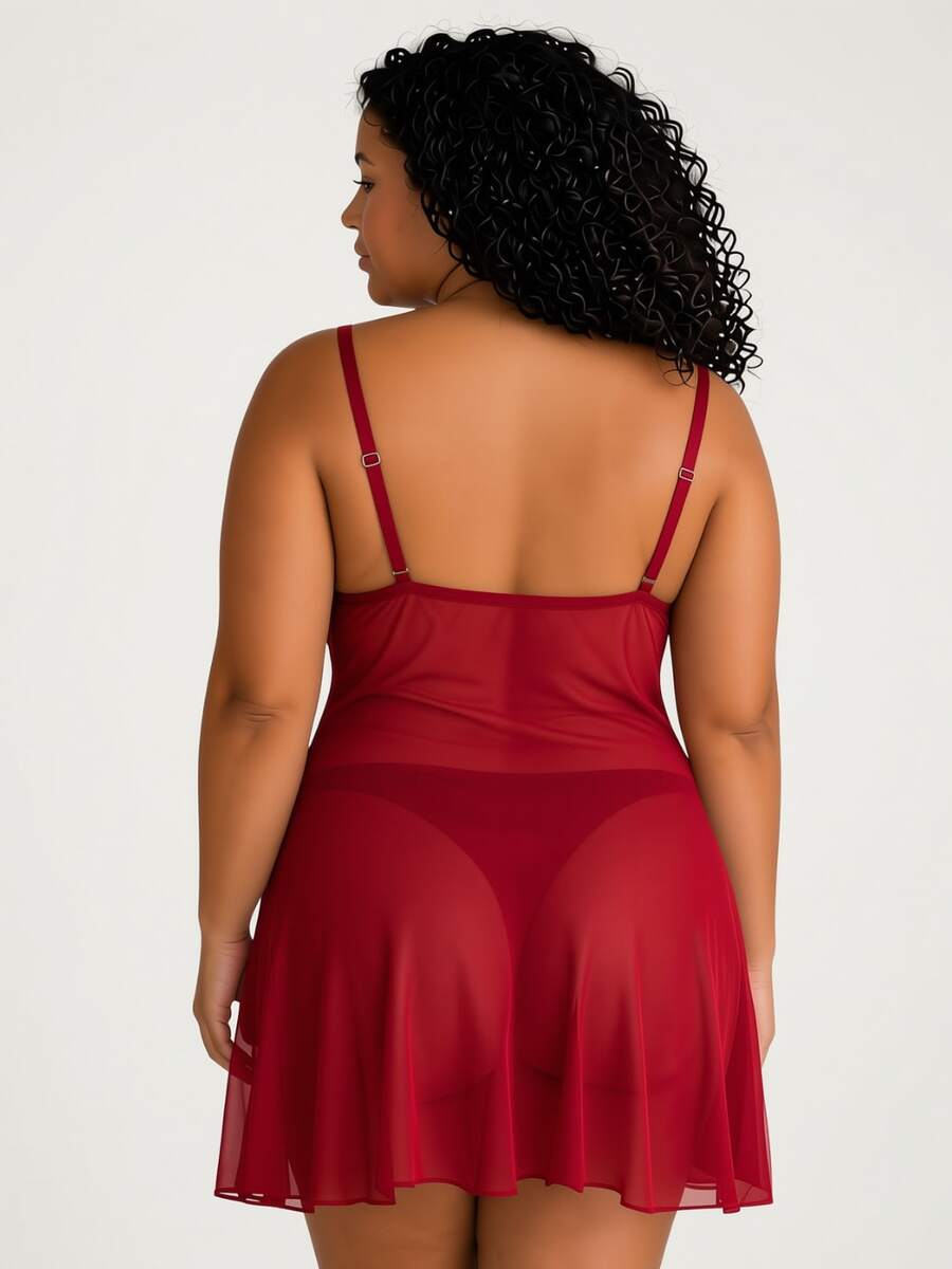 Camisola Plus Size Sexy Rendada em Tule Transparente Sem Bojo Com Alças Reguláveis Lingerie Luxo