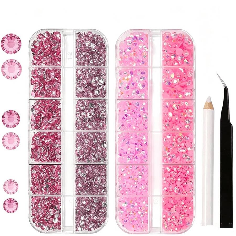 12-Grid*2 Pink Jelly Resin Rhinestone Handmade Jewelry Accessories SS12-SS20 Flat Back Light Pink Deep Pink Colorful Rhinestones, Non-Hot Melt, Suitable For Mugs, Cups, Glass Bottles And Various Handmade DIY Projects - Multicolor - View 1
