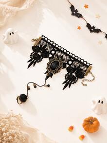 Women's Bracelet Ring Integrated Chain, Black Lace Vintage Gothic Style, Spider Web Rose Oval Cut Decor, Adjustable Extension Chain, Halloween Party Gift Jewelry - Black - View 5