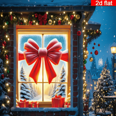 2D Flat Red Bow Window Backdrop, Giant Red Bow With Snowy Pine Forest Scene, Gold Window Frame And Gift Box Accents, Falling Snowflakes Create Romantic Christmas Atmosphere, Suitable For Christmas Party, Holiday Gathering, Wall Decor, Photography Background, Polyester Material Durable And Odorless, Fits Indoor And Outdoor Multiple Scenes, Easily Create Dreamy Christmas Scene, No Power Needed To Light Up Holiday Atmosphere, Add Warm And Premium Feel To Various Christmas Theme Events, High-Quality Choice For Christmas Decoration
