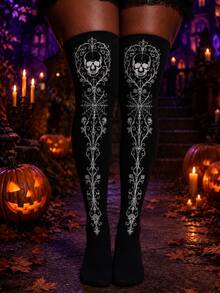 1 Pair Women's Halloween Skeleton Vine Thigh High Socks, Original Gothic Floral Over-The-Knee Socks, Suitable For Party Cosplay Outfit - Black - View 7