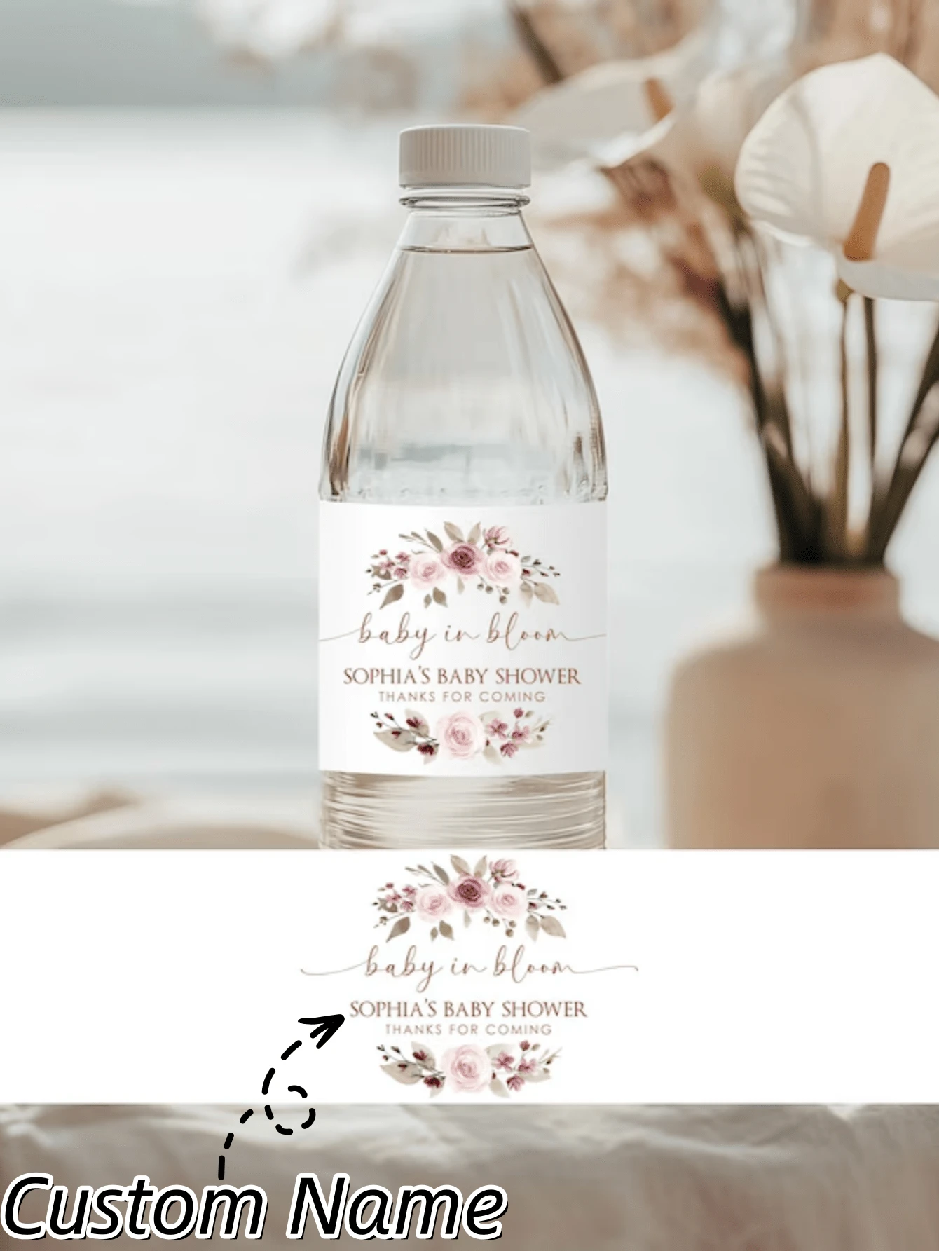 客製化花卉水瓶標籤（僅貼紙）－防水嬰兒花卉主題飲料包裝，個性化灰色玫瑰生日標籤，不含水瓶 - 彩色 - 查看 1