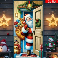 Cortina de puerta plana 2D de Papá Noel entregando regalos, diseño de Papá Noel de estilo de dibujos animados cargando una bolsa de regalos, combinada con muñeco de nieve, corona navideña y linterna, tono cálido, poliéster duradero, sin necesidad de energía, adecuada para decoración con tema navideño, se puede usar para decoración de pared interior/exterior, puerta/ventana, decoración de ambiente festivo, hogar, centro comercial, estudio, escenas al aire libre, material de poliéster, sin necesidad de energía - A - Ver 4