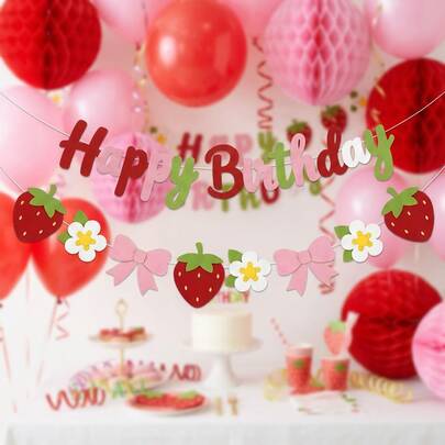 Pancarta de cumpleaños con fresas, material de fieltro, banderas con letras de feliz cumpleaños, con decoración de lazo rosa hueco con flores de fresa, decoración de pared de cumpleaños con tema de frutas dulces, 2D, decoración de habitación del hogar, accesorio de atmósfera festiva, accesorio de fiesta, regalo de fiesta