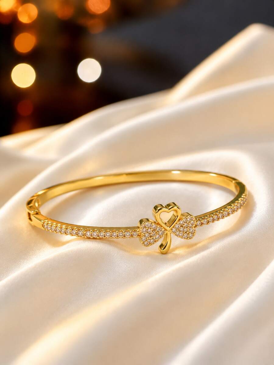 1pc Women's Heart & Clover Bracelet, Luxury Delicate Micro-Inlaid Cubic Zirconia Bangle, Niche Design Versatile Commuter Jewelry - Bracelet - View 1